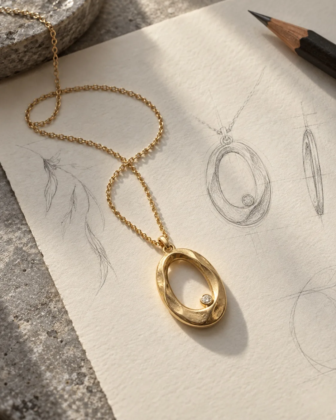 A gold pendant and pencil study, a Maharis custom design concept
